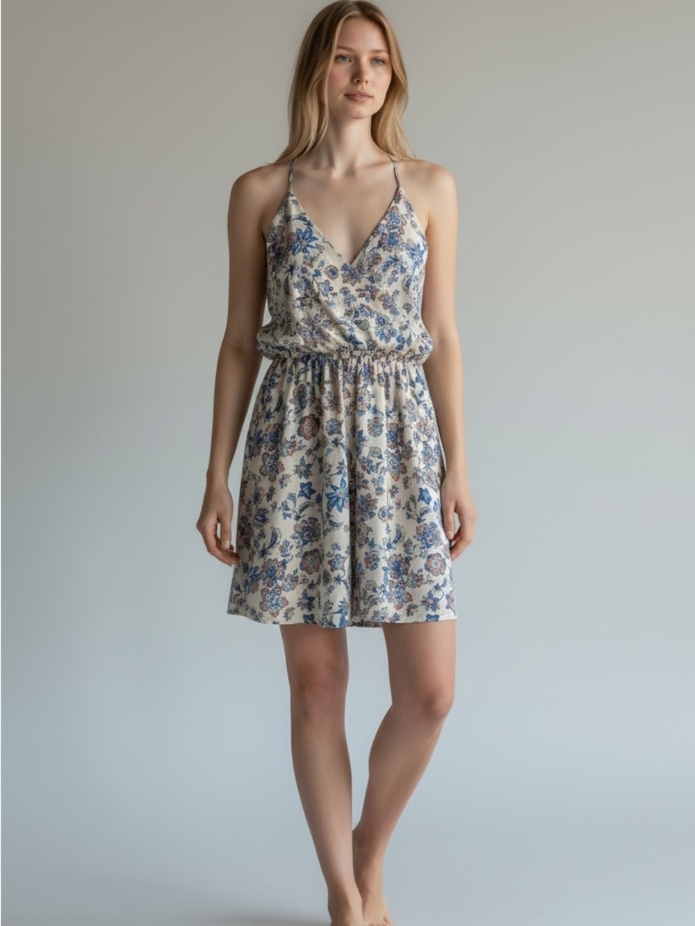 Lush Boho Western Cream Floral Spaghetti-Strap With Flowers Mini Dress Size L